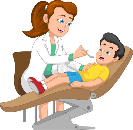 Ilustración de Dentista chequeando dientes de niño dibujos animados - Imagen libre de derechos