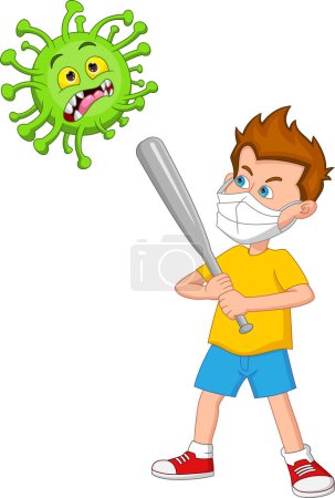 Ilustración de Dibujos animados niño pequeño luchando con el virus - Imagen libre de derechos