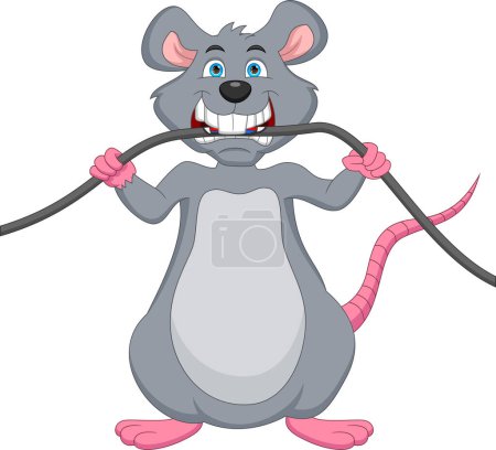 lindo ratón mordiendo el cable de alimentación de dibujos animados
