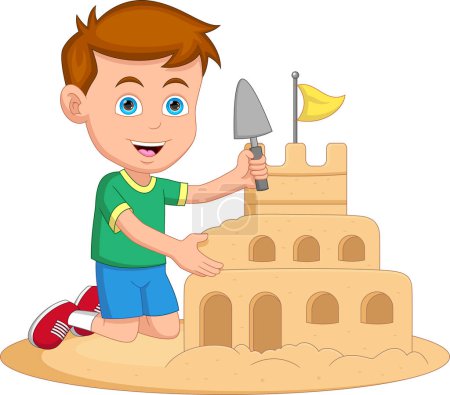 Ilustración de Feliz niño haciendo castillo de arena - Imagen libre de derechos