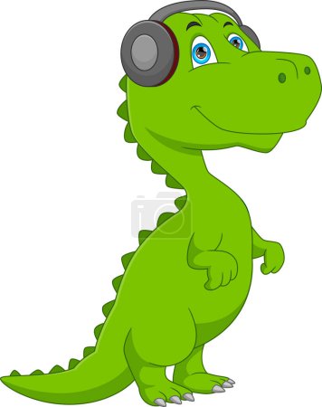 Téléchargez les illustrations : Dessin animé bébé dinosaure mignon portant des écouteurs - en licence libre de droit