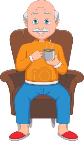 Téléchargez les illustrations : Heureux grand-père avec boisson chaude dessin animé - en licence libre de droit