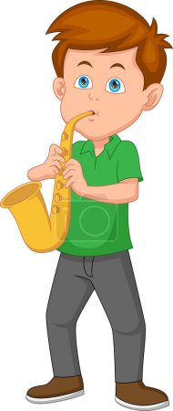 Téléchargez les illustrations : Petit garçon jouant du saxophone sur fond blanc - en licence libre de droit