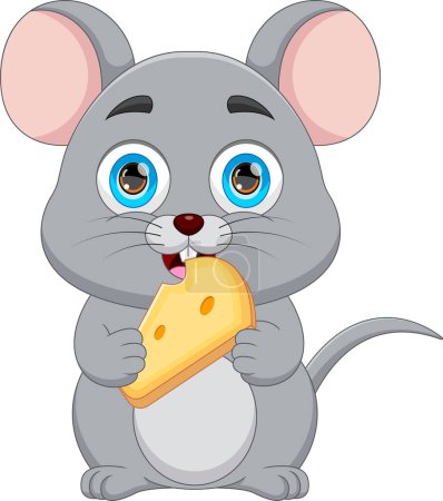 Téléchargez les illustrations : Dessin animé souris mignonne manger du fromage - en licence libre de droit