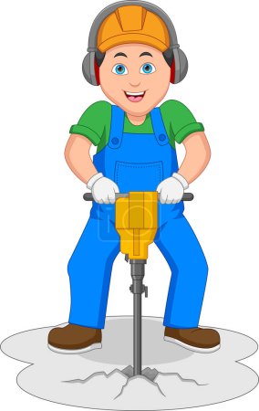 Téléchargez les illustrations : Travailleur de la construction Jackhammer Drilling Cartoon - en licence libre de droit