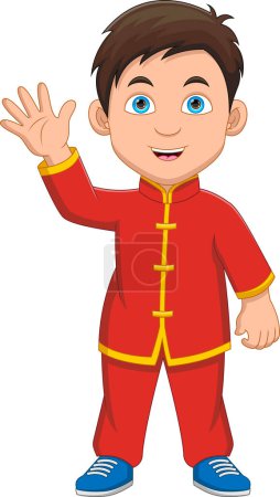 Illustration for Boy waving in traditional Chinese clothes - Royalty Free Image