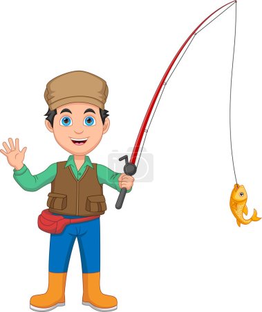 Téléchargez les illustrations : Fisherman Catch Fish with Fishing Rods cartoon - en licence libre de droit