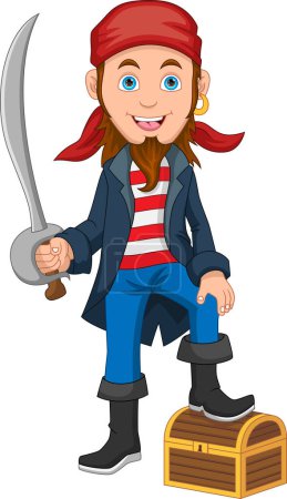Téléchargez les illustrations : Jeunes pirates tenant une épée avec boîte au trésor - en licence libre de droit