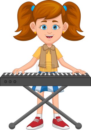 Téléchargez les illustrations : Jolie petite fille jouer électrique piano dessin animé - en licence libre de droit
