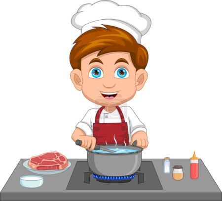 Téléchargez les illustrations : Dessin animé chef garçon cuisine dans la cuisine - en licence libre de droit