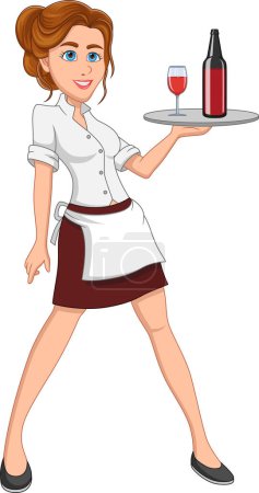 Ilustración de Bastante camarera chica sirviendo bebidas de dibujos animados - Imagen libre de derechos