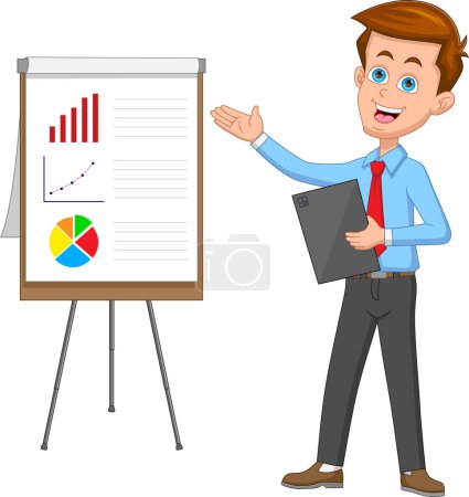 Illustration for Young businessman shows presentation of business project with graphs and charts - Royalty Free Image