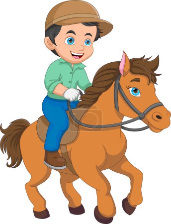 Téléchargez les illustrations : Dessin animé mignon garçon équitation un cheval - en licence libre de droit