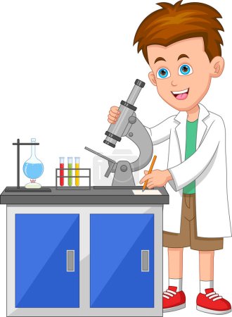 Illustration for Cartoon boy experimenting with microscope in the chemical lab - Royalty Free Image
