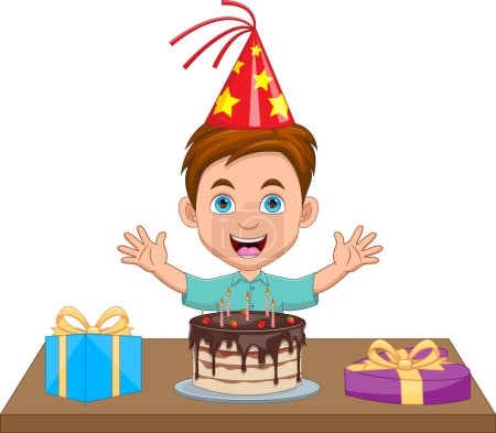 Téléchargez les illustrations : Heureux petit garçon célébrant son anniversaire dessin animé - en licence libre de droit