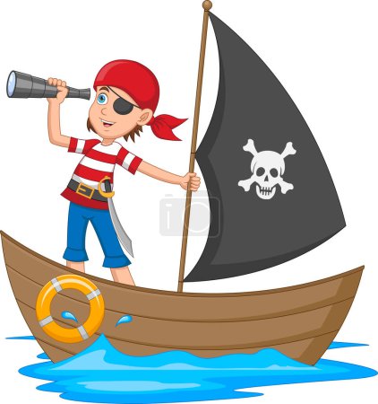 Illustration for Pirate boy on a wooden ship and Using binoculars cartoon - Royalty Free Image