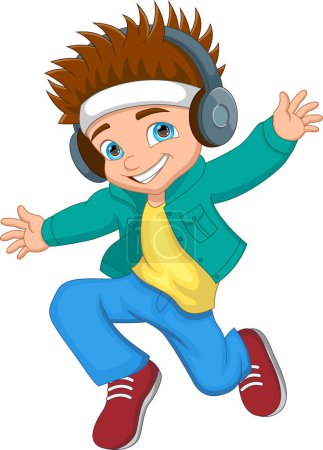 Téléchargez les illustrations : Heureux petit garçon écouter de la musique dessin animé - en licence libre de droit