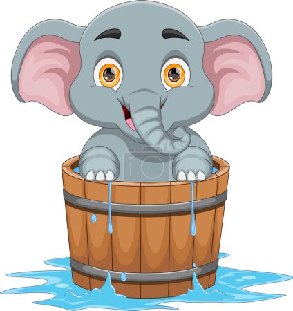 Téléchargez les illustrations : Joyeux bébé éléphant dans un seau en bois dessin animé - en licence libre de droit