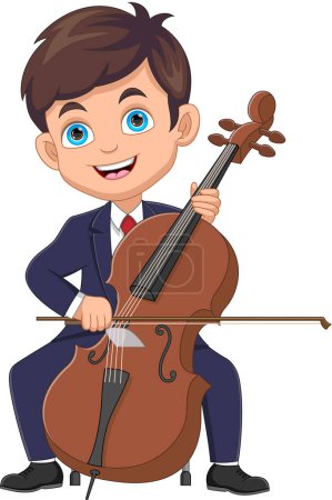 Téléchargez les illustrations : Garçon jouer violoncelle dessin animé - en licence libre de droit
