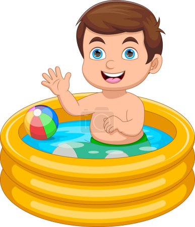 Téléchargez les illustrations : Petit garçon jouant dans le dessin animé gonflable de piscine - en licence libre de droit