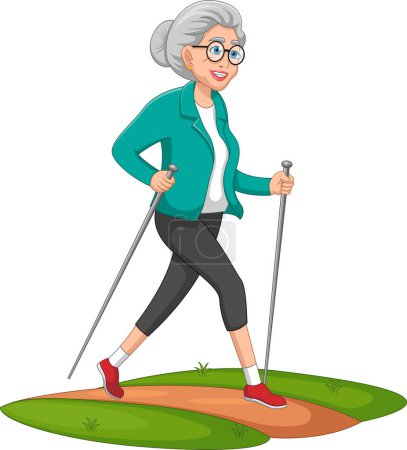 Téléchargez les illustrations : Femme âgée joyeuse faisant de l'exercice en marchant - en licence libre de droit