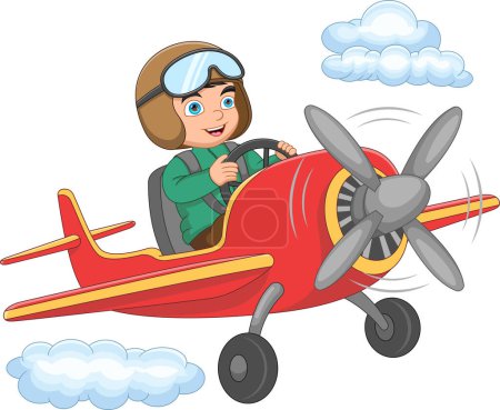 Téléchargez les illustrations : Dessin animé garçon équitation avion - en licence libre de droit