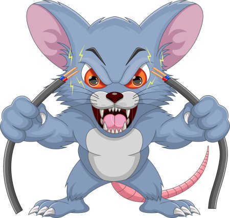 Illustration for Angry mouse cut the power cable cartoon - Royalty Free Image