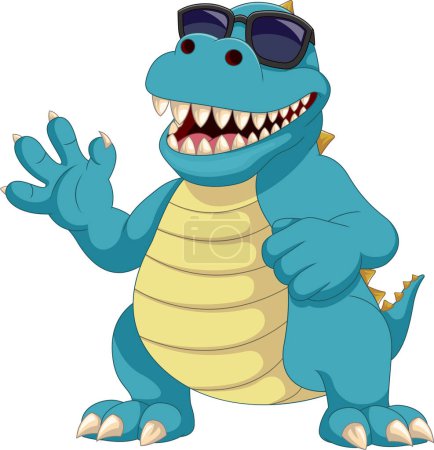 Ilustración de Lindo dinosaurio usando gafas de sol de dibujos animados - Imagen libre de derechos