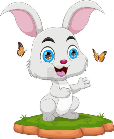Ilustración de Lindo conejo jugando con mariposa de dibujos animados - Imagen libre de derechos