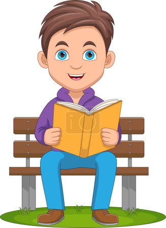 Ilustración de Lindo chico leyendo un libro mientras está sentado en un banco de dibujos animados - Imagen libre de derechos