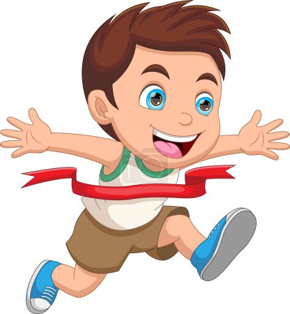 Illustration for Happy boy ran to the finish line first cartoon - Royalty Free Image