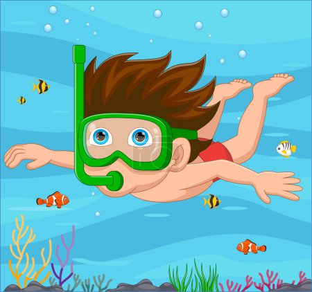 Téléchargez les illustrations : Dessin animé petit garçon plongée sous-marine - en licence libre de droit