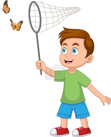 Téléchargez les illustrations : Petit garçon attraper des papillons avec un filet - en licence libre de droit