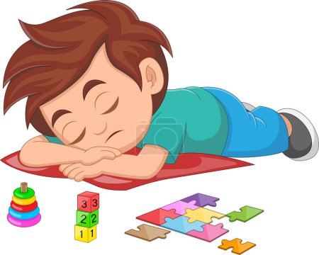 Ilustración de Pequeño niño durmiendo después de juguetes educativos - Imagen libre de derechos