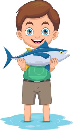 Téléchargez les illustrations : Petit garçon montre qu'il a un gros poisson dans le dessin animé de la rivière - en licence libre de droit