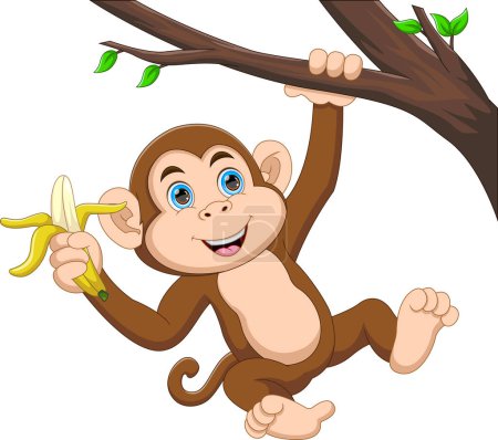 Illustration for Cute monkey hanging on a tree and holding a banana cartoon - Royalty Free Image