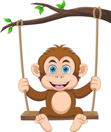 Ilustración de Mono lindo jugando en columpio de dibujos animados - Imagen libre de derechos
