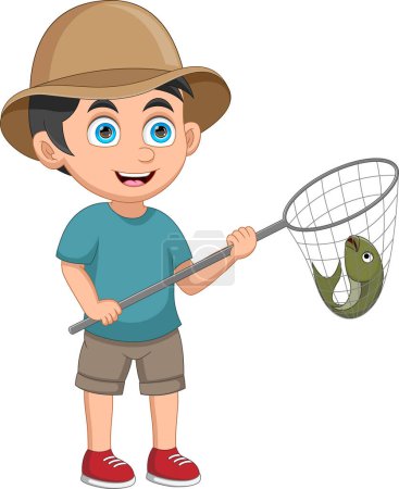 Téléchargez les illustrations : Petit garçon attrape des poissons avec dessin animé filet - en licence libre de droit