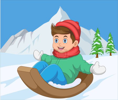 Téléchargez les illustrations : Dessin animé garçon traîneau sur une colline de neige - en licence libre de droit