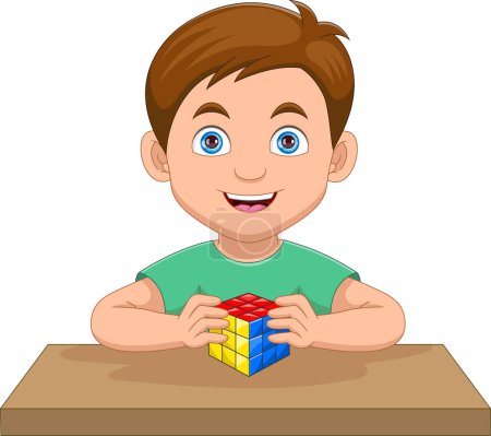 Illustration for Little boy playing  Rubik cube cartoon - Royalty Free Image