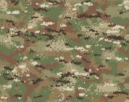 Illustration for Multi-terrain camouflage seamless pattern incorporating tiny splash dots of dark brown, light brown, olive green, light green, khaki and white. - Royalty Free Image