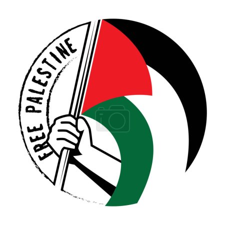 Ilustración de PALESTINA LIBRE emblema redondo. Una mano con orgullo sosteniendo la bandera palestina. - Imagen libre de derechos