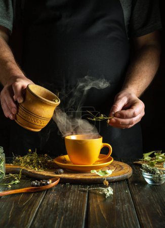 Kleines Konzept zur Herstellung von gesundem grünem Tee aus trockenen Heilkräutern. Trockenes Mutterkraut mit den Händen eines Kräuterkundigen in einen Becher mit kochendem Wasser geben.