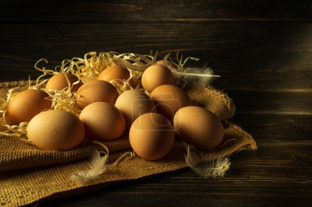 Full chicken nest with eggs. An egg is a healthy food for lunch. Place for advertising on a dark background.