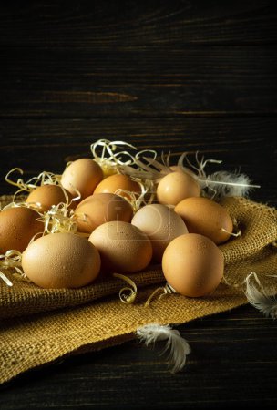 Chicken brown eggs are stacked in a nest. Egg harvesting concept. Place for advertising on a black background. Harvest concept.