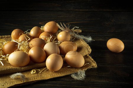 Eggs stacked on burlap with straw before harvesting. Concept of preparing eggs for cooking. Place for advertising on a dark background.