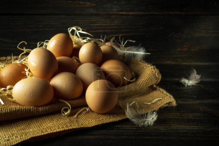 Duck eggs are placed on burlap with straw before harvesting. Concept of preparing eggs for cooking in the kitchen. Place for advertising on a black background.