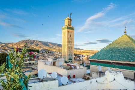 Famous al-Qarawiyyin mosque and University in heart of historic downtown of Fez, Morocco, North Africa.
