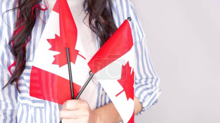 Téléchargez les photos : Étudiante non reconnue en chemise bleue blanche tenant un petit drapeau canadien sur fond gris, fête du Canada, jour férié, vote, immigration, taxe, espace de copie. - en image libre de droit