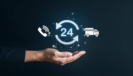 Nonstop service 24 hr of delivery e-commerce concept. businessman hand holding virtual 24/7 with clock on hand for worldwide nonstop and full-time available contact of service. customer service.